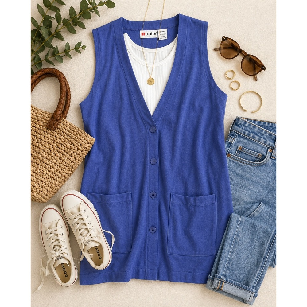 Vintage Units Blue Button Front Vest Women's Small Made USA 90s Tunic Pockets